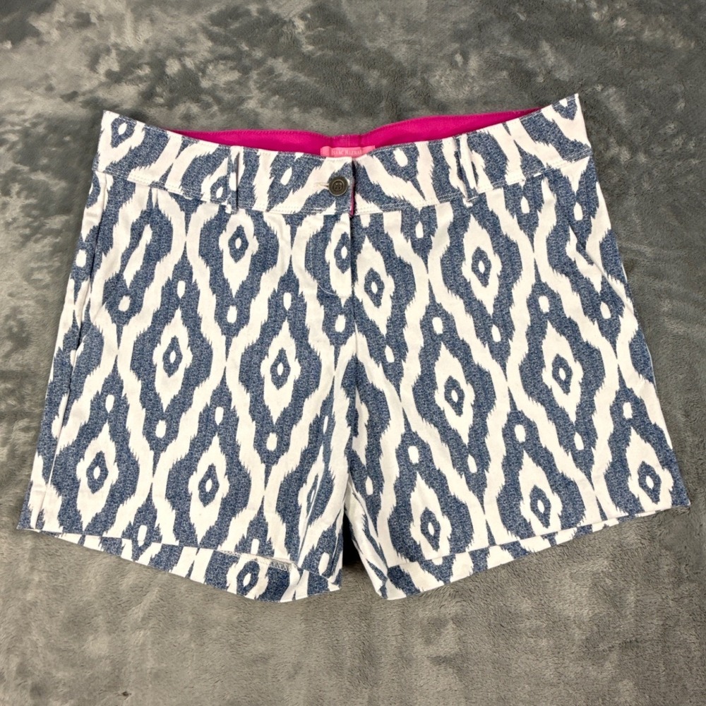 Isaac Mizrahi New York Blue White Ikat Diamond Shorts Sz 10, 36 waist 4.5 inseam